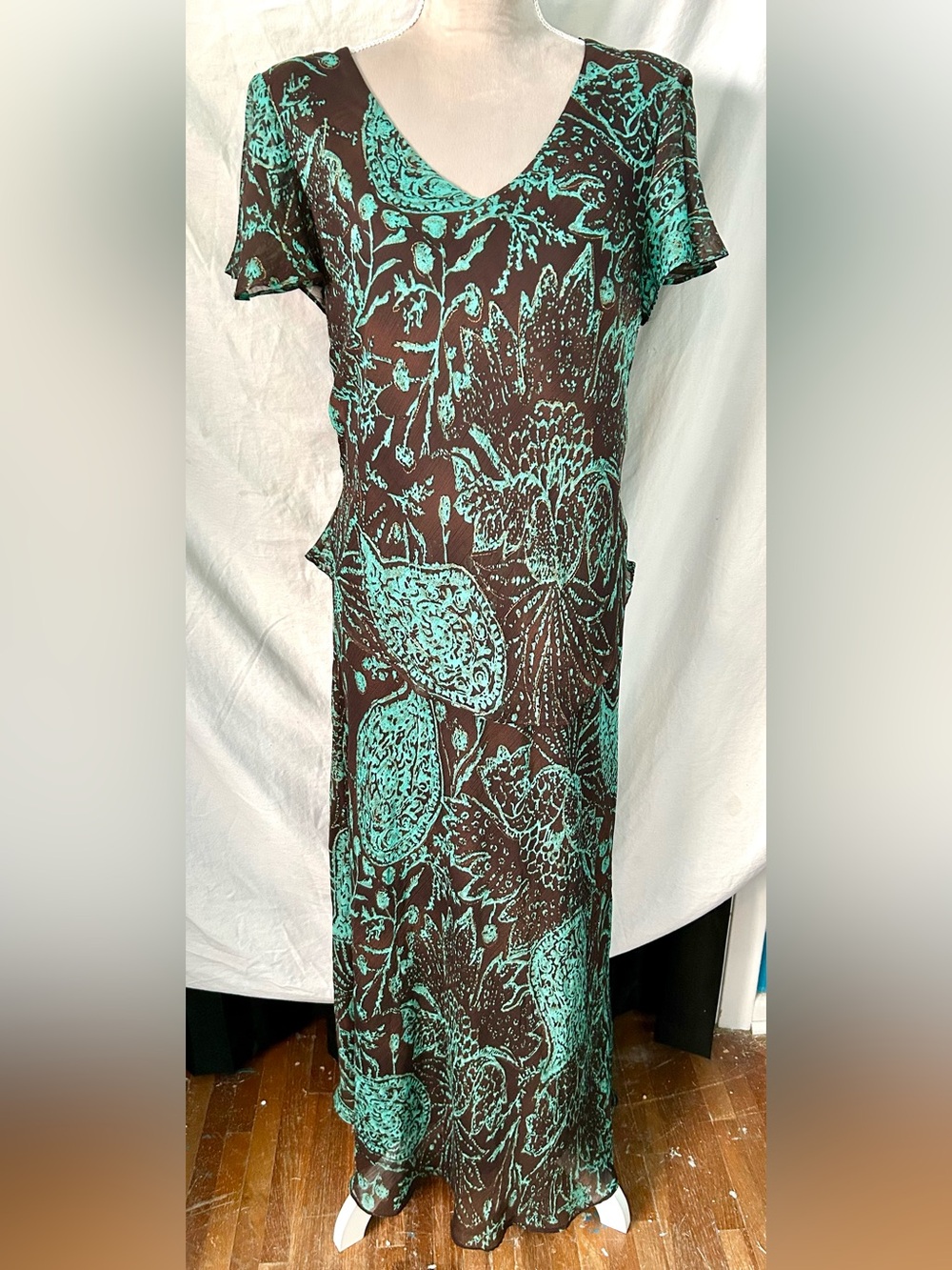 Vintage Y2K K Studio Brown, Aqua Botanical Gold Glitter Maxi Dress, Size 14
